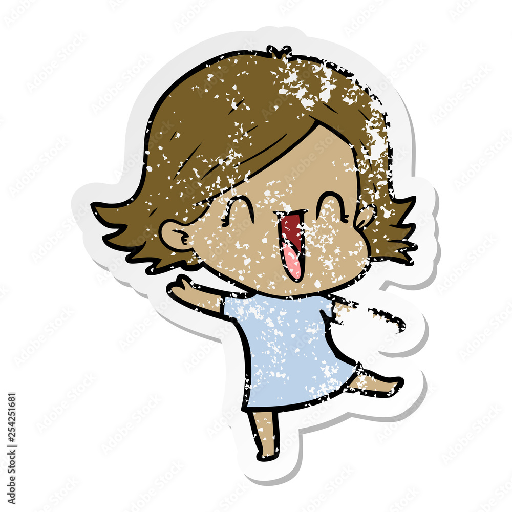 distressed sticker of a cartoon laughing woman distressed sticker of a cartoon laughing woman