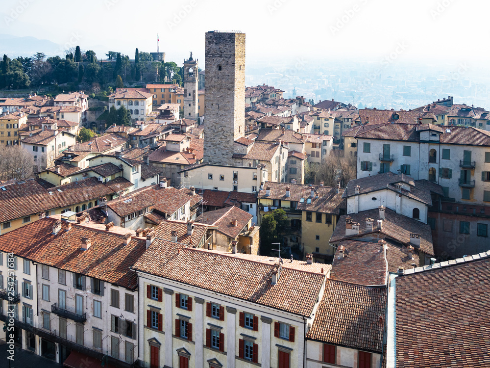 iew of east of Bergamo city with Torre del Gombito