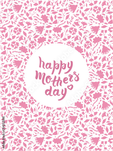 Hand drawn greeting card for mother's day with pink doodle floral elements and lettering phrase happy mother's day. Vector concept on white background. Typography quote. Brush calligrathy