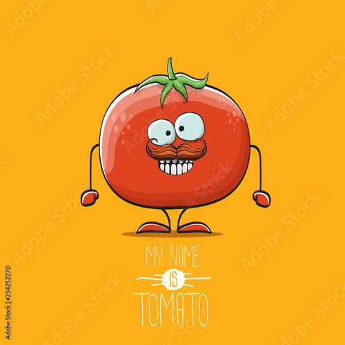 vector funny cartoon cute red tomato character isolated on orange background. My name is tomato. summer vegetable funky character