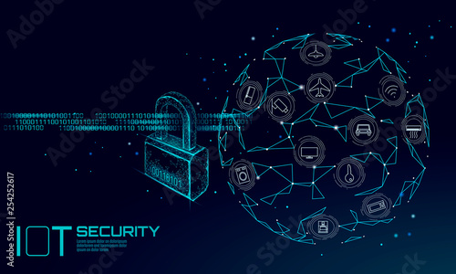 IOT cyber security padlock concept. Personal data safety Internet of Things smart home cyber attack. Hacker attack danger firewall innovation system vector illustration