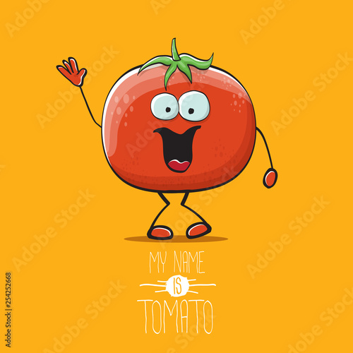 vector funny cartoon cute red tomato character isolated on orange background. My name is tomato. summer vegetable funky character