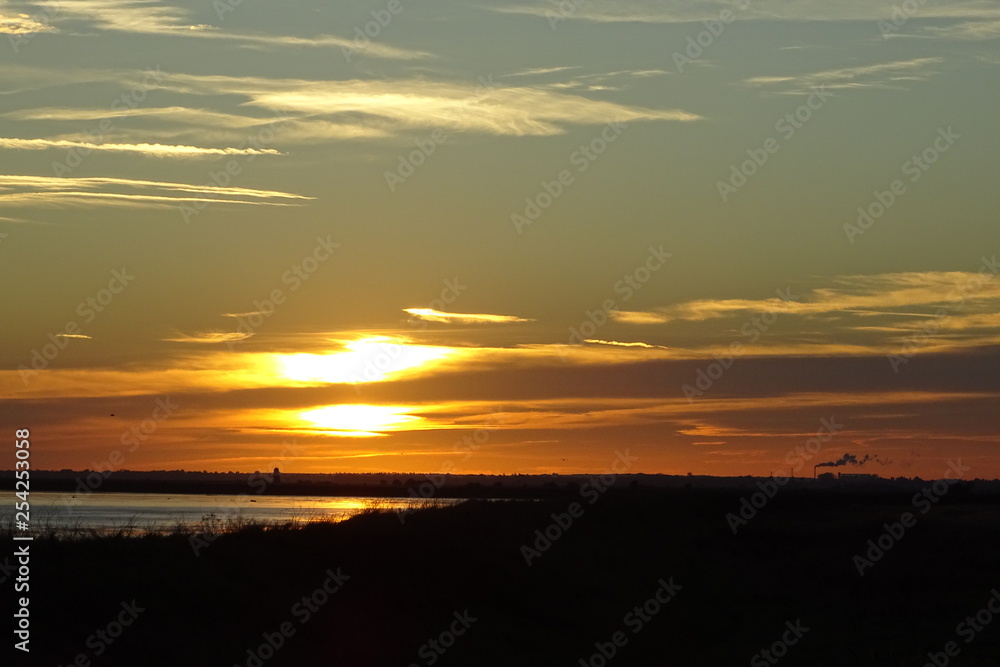 Beautiful sunset views over Breydon Water and the River Yare, Great Yarmouth, Norfolk.