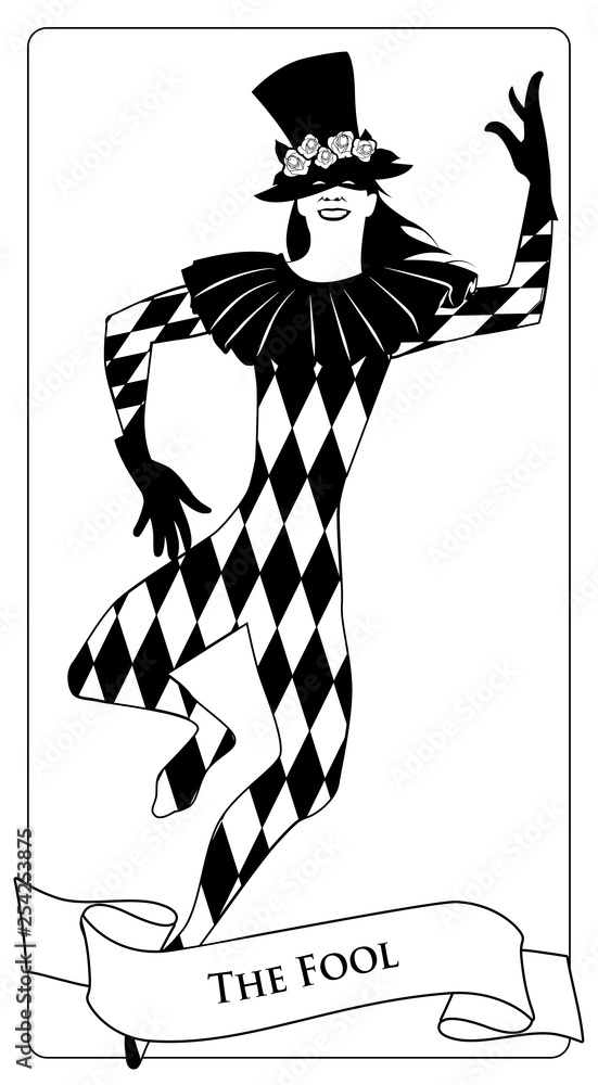 Major Arcana Tarot Cards. The Fool. Joker with top hat decorated with  flowers, mask and rhombus suit dancing Stock Vector | Adobe Stock