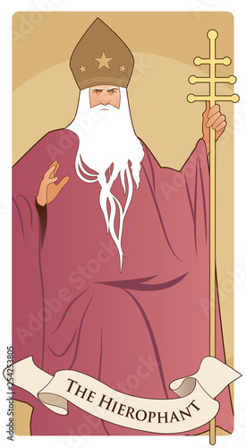 Major Arcana Tarot Cards. The Hierophant. Pope with white beard and miter with stars, holding a golden crosier, blessing with his right hand.