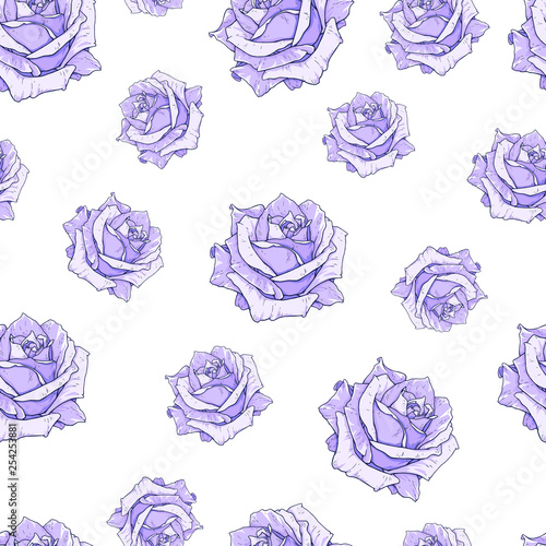 Drawn biue roses seamless background. Flowers illustration front view. Pattern in romantic style for design of fabrics