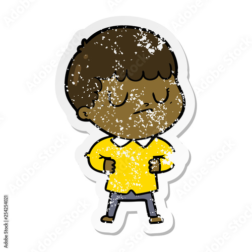 distressed sticker of a cartoon grumpy boy
