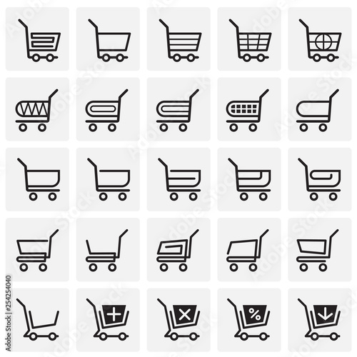 Shop cart icons set on squares background for graphic and web design. Simple vector sign. Internet concept symbol for website button or mobile app.