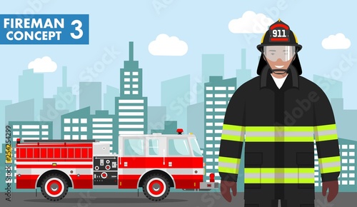 Fireman concept. Detailed illustration of man firefighter and fire truck in flat style on background with cityscape. Vector illustration.
