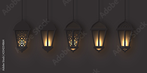 3d arabic lanterns with glowing lights.