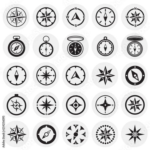 Compass icons set on circles background for graphic and web design. Simple vector sign. Internet concept symbol for website button or mobile app.