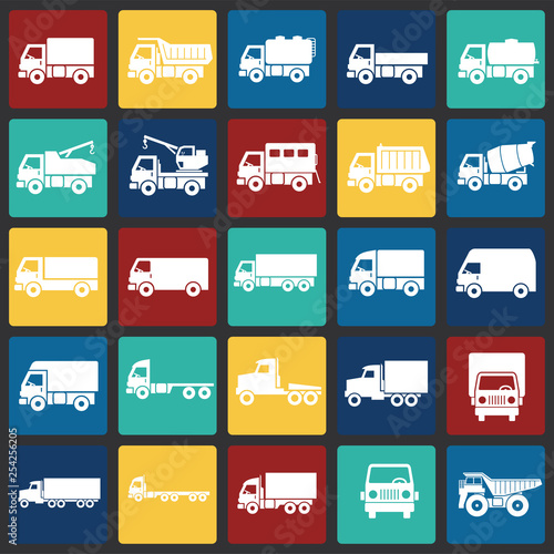 Truck icons set on color squares background for graphic and web design. Simple vector sign. Internet concept symbol for website button or mobile app.