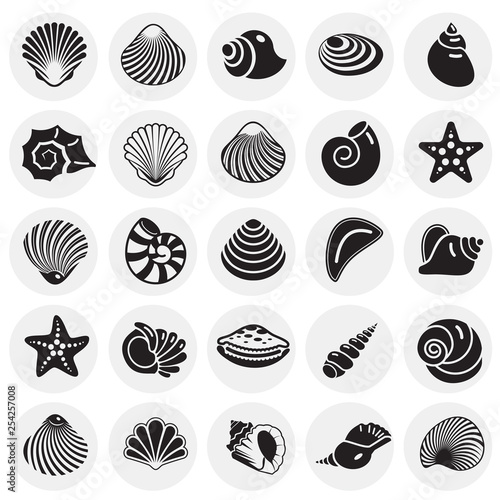 Sea Shell icons set on circles background for graphic and web design. Simple vector sign. Internet concept symbol for website button or mobile app. © Andre