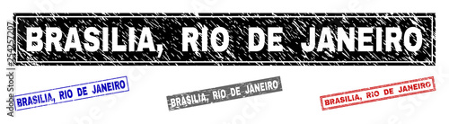 Grunge BRASILIA, RIO DE JANEIRO rectangle stamp seals isolated on a white background. Rectangular seals with distress texture in red, blue, black and grey colors. Vector rubber imprint of BRASILIA,