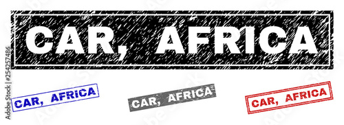 Grunge CAR, AFRICA rectangle stamp seals isolated on a white background. Rectangular seals with grunge texture in red, blue, black and grey colors. Vector rubber watermark of CAR,