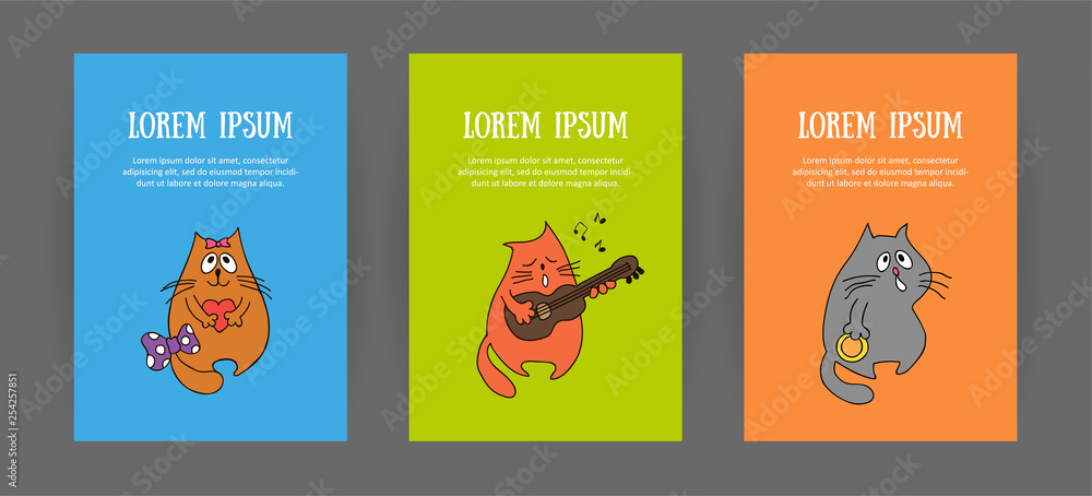 Set of animalistic vertical bright covers of corporate identity cartoon. For zoo store, veterinary clinic, shelter, music store. Cute cat hungry, musician and lover. Booklet and discount card, vector