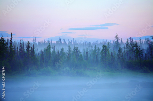 Tundra in the Arctic Circle in the morning. River