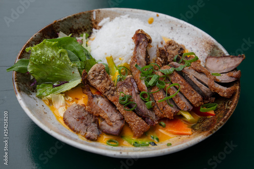 Peking duck curry with rice and salad