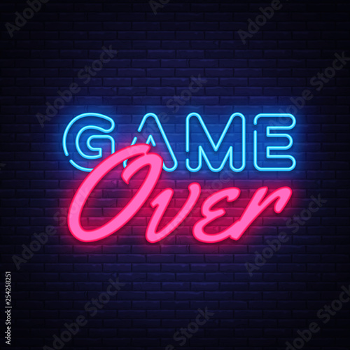 Game Over Neon Text Vector. Game Over neon sign, Gaming design template, modern trend design, night neon signboard, night bright advertising, light banner, light art. Vector illustration
