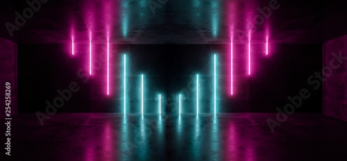 Sci Fi Neon Background Cyberpunk Futuristic Luminous Psychedelic Triangle Shaped Purple Pink Blue Ultraviolet Club Dance Stage Lights Grunge Concrete Dark 3D Rendering