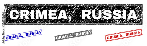 Grunge CRIMEA, RUSSIA rectangle stamp seals isolated on a white background. Rectangular seals with grunge texture in red, blue, black and gray colors. Vector rubber imprint of CRIMEA,