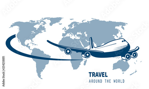 Airliner flying around the planet a symbol of international air travel.