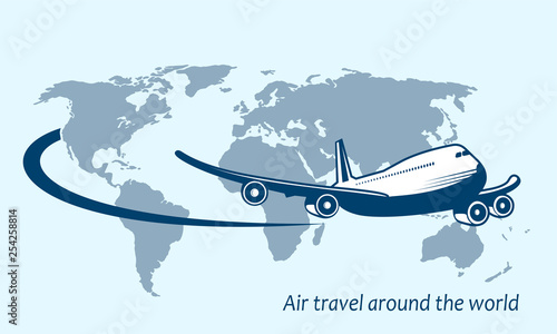 Airliner flying around the planet a symbol of international air travel.