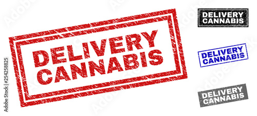 Grunge DELIVERY CANNABIS rectangle stamp seals isolated on a white background. Rectangular seals with grunge texture in red, blue, black and grey colors.