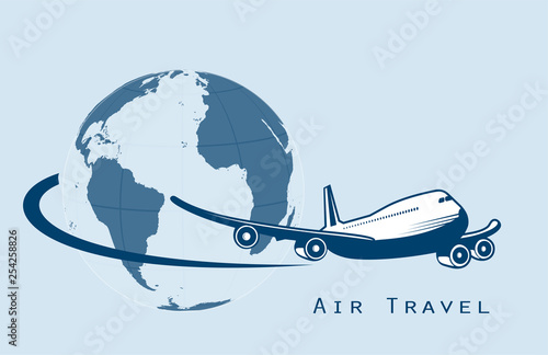 Airliner flying around the planet a symbol of international air travel.