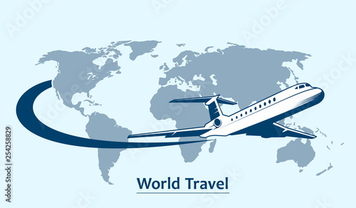 Airliner flying around the planet a symbol of international air travel.