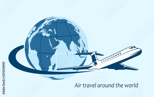 Airliner flying around the planet a symbol of international air travel.