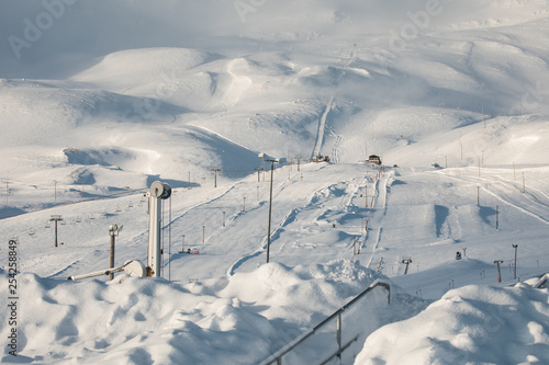 Hlidarfjall ski areal resort overlooking Akureyri in northern Iceland in the winter with a lot of snow