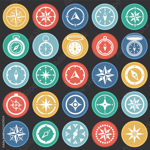 Compass icons set on color circles black background for graphic and web design. Simple vector sign. Internet concept symbol for website button or mobile app.