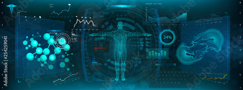 Head Up Display (HUD) UI for Medical App, Futuristic Medical HUD Interface, virtual graphic touch UI with illustration of Brain Scan, Heart Scan, DNA, Human Body, Molecule and Electrocardiogram.Sci-fi