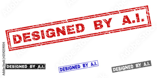 Grunge DESIGNED BY A.I. rectangle stamp seals isolated on a white background. Rectangular seals with grunge texture in red, blue, black and grey colors. Vector rubber overlay of DESIGNED BY A.I.