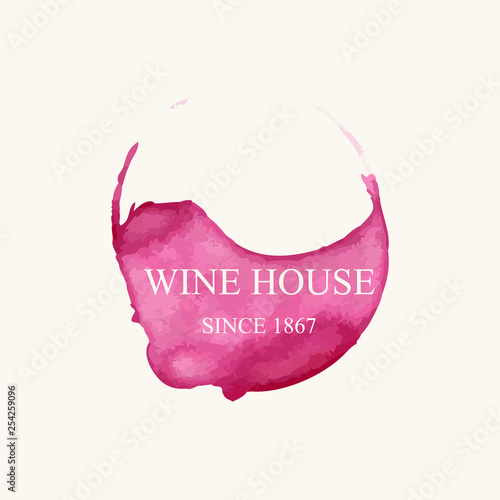 Watercolor logo for wine house in form of wine stain isolated on light beige background. Vector illustration EPS10.