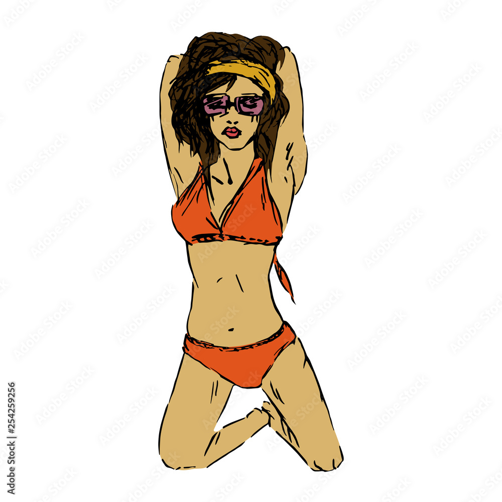 Portrait of sexy retro pin up girl in red coral bikini and sunglasses  posing with hands on hair, hand drawn outline doodle, sketch in pop art  style, color vector illustration Stock Vector