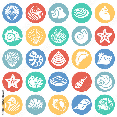Sea Shell icons set on color circles background for graphic and web design. Simple vector sign. Internet concept symbol for website button or mobile app.