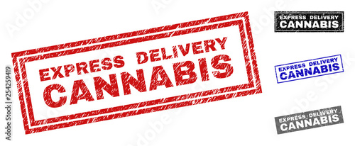 Grunge EXPRESS DELIVERY CANNABIS rectangle stamp seals isolated on a white background. Rectangular seals with grunge texture in red, blue, black and grey colors.