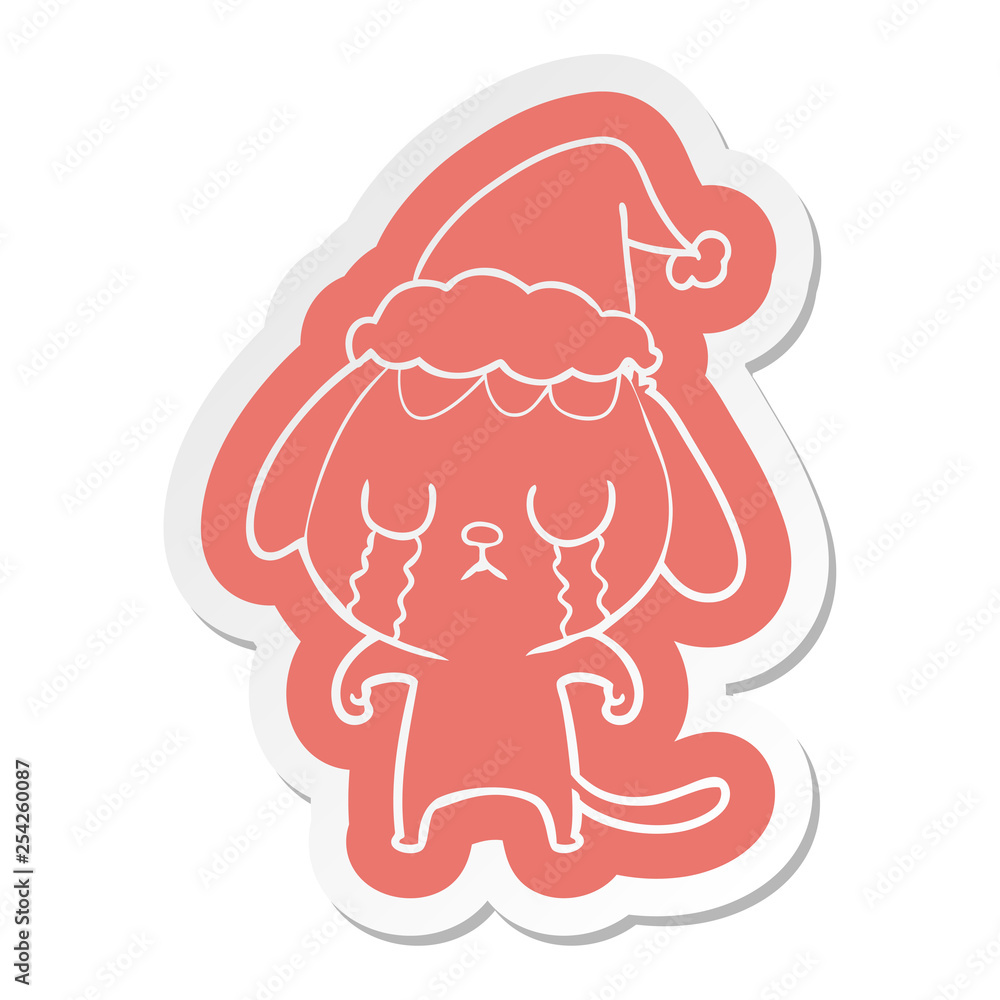 cute cartoon sticker of a dog crying wearing santa hat cute cartoon sticker of a dog crying wearing santa hat
