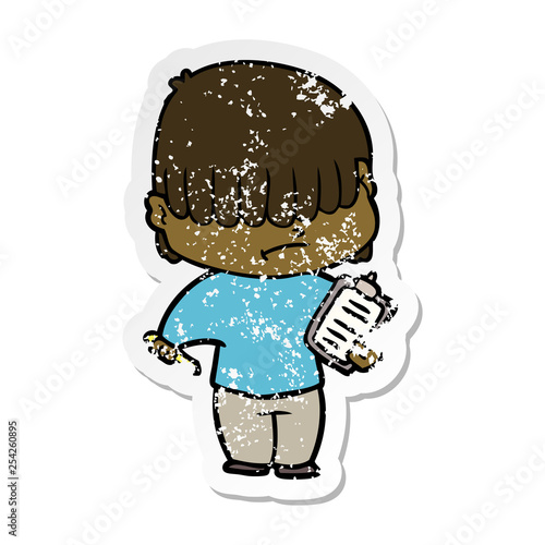 distressed sticker of a cartoon boy with untidy hair