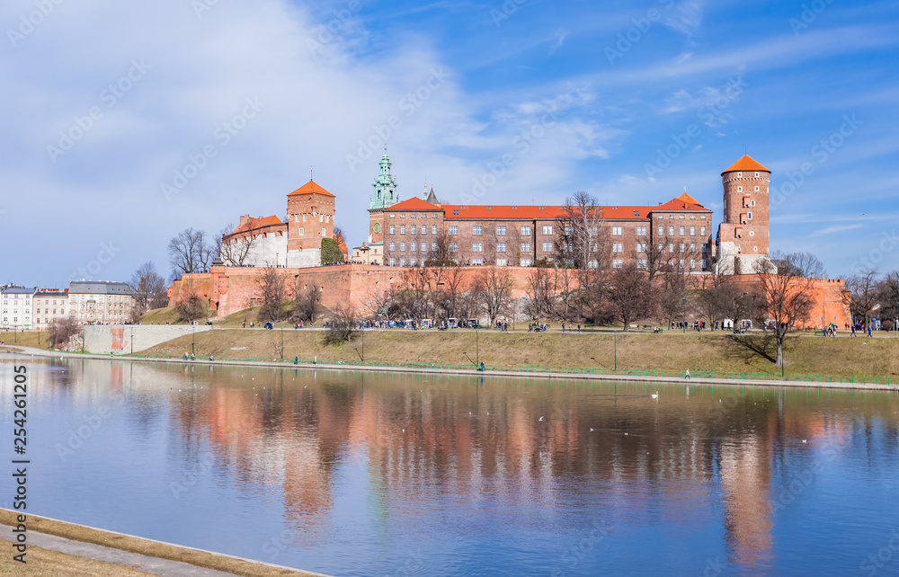 POLAND, KRAKOW - FEBRUARY 23, 2019:  Wawel, Royal Castle and cathedral in Cracow (Krakow), Poland. Panorama view from inside of the castle.