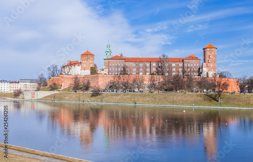 POLAND, KRAKOW - FEBRUARY 23, 2019: Wawel, Royal Castle and cathedral in Cracow (Krakow), Poland. Panorama view from inside of the castle.