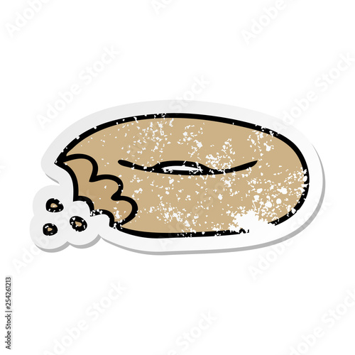 distressed sticker of a quirky hand drawn cartoon bitten bagel