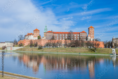 POLAND, KRAKOW - FEBRUARY 23, 2019: Wawel, Royal Castle and cathedral in Cracow (Krakow), Poland. Panorama view from inside of the castle.