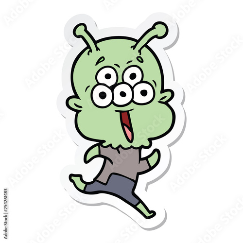sticker of a happy cartoon alien running