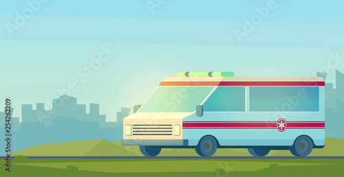 Ambulance car in city. The machine for providing the first necessary emergency medical assistance. Vector cartoon illustration.