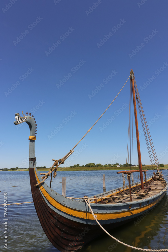 clinker built dragon head viking ship in Ladby