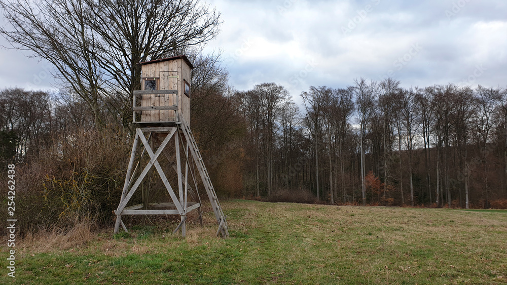 Wooden lookout tower for hunting in the woods and on meadow	