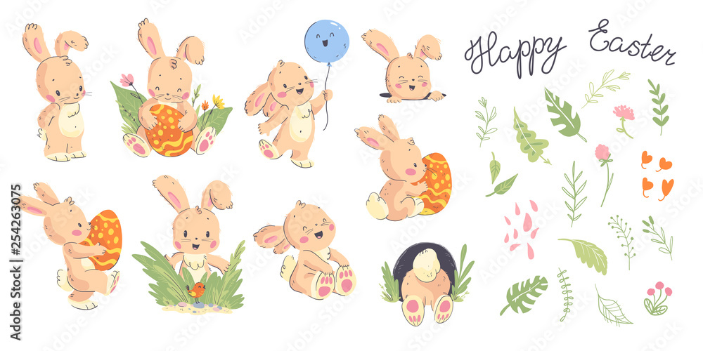 Vector collection of hand drawn cute little rabbit character poses, Happy easter congratulation and floral decorative elements isolated on white background. Good for holiday cards, banners, tags etc.